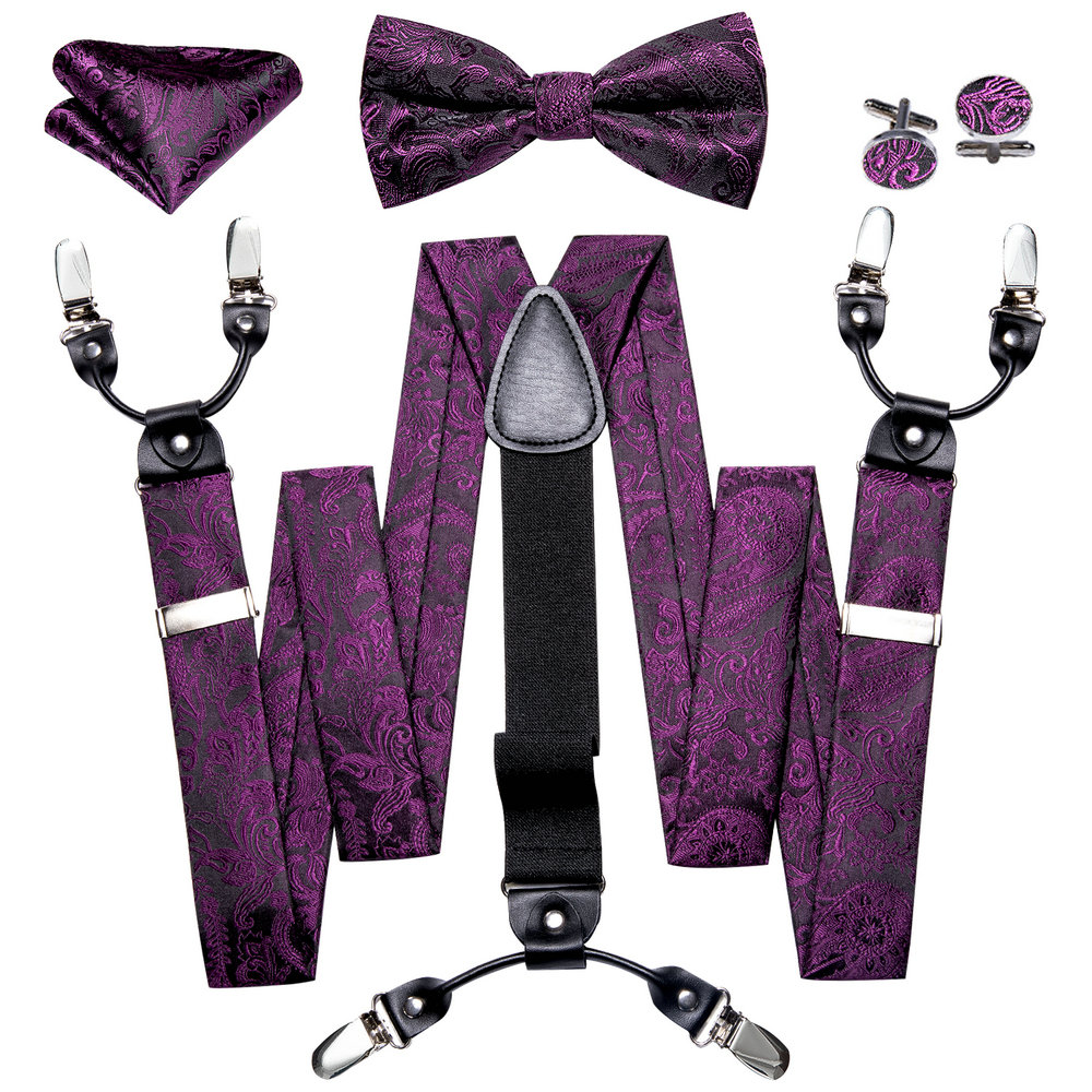 Bow Tie Pre Tied - Hosenträger für Herrenhosen, exquisites pflaumenfarbenes Blumen-Jacquard-Set